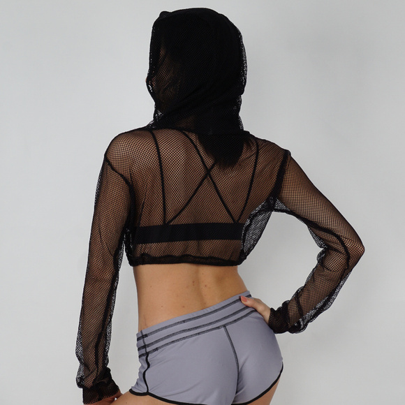 Sheer Mesh Crop Top Hoodie longs sleeves - Picture 2 of 6